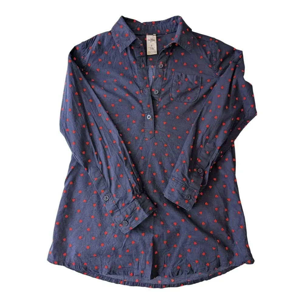 OshKosh Girls 6Yr Top Shirt Front Navy Blue Red Heart Print Cute
